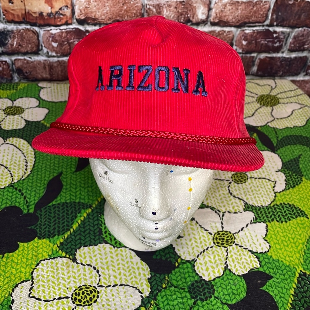Vintage corduroy red Arizona adjustable hat 1970s embroidered black baseball NFL